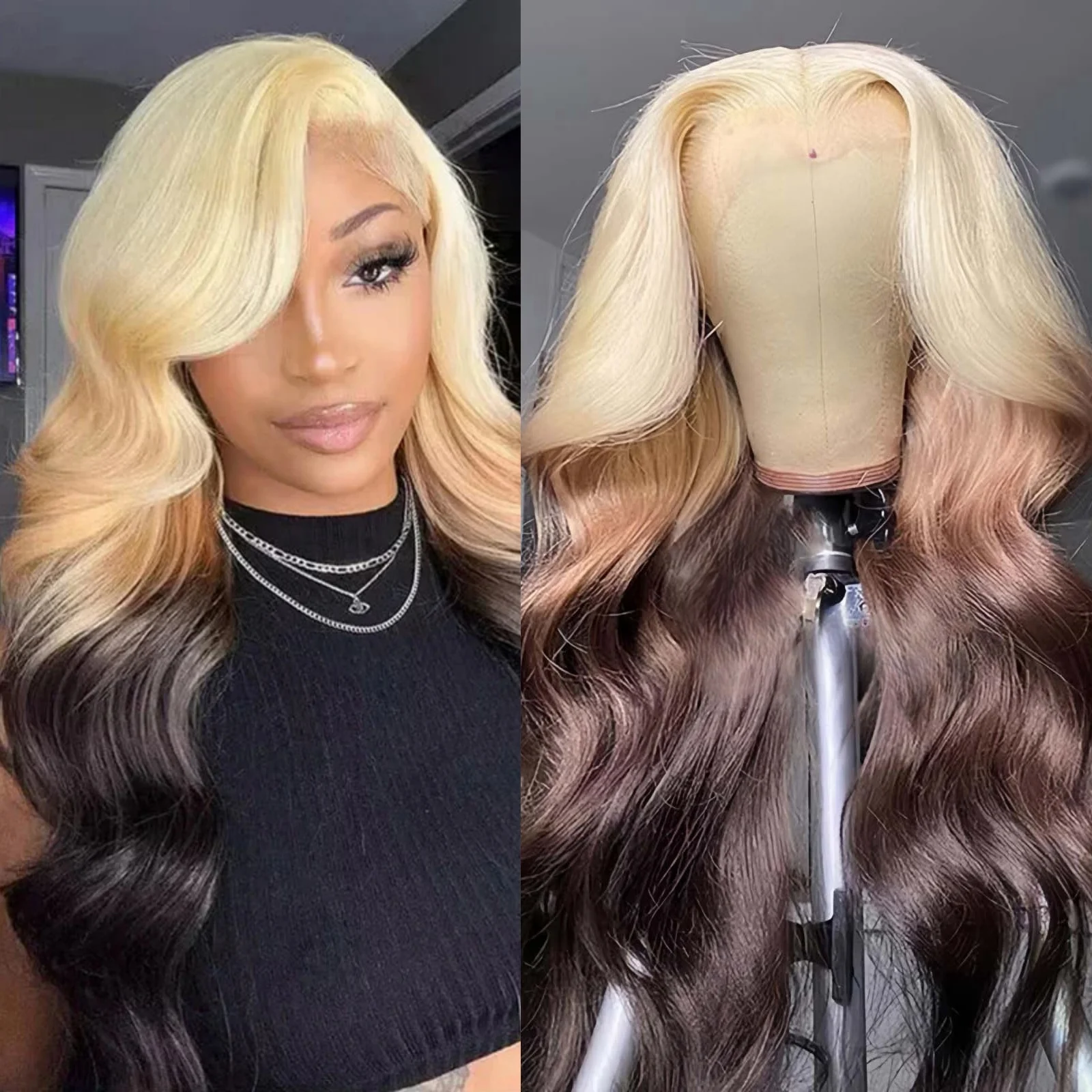 Ombre Blonde Synthetic Hair Wig with Dark Brown Body Wave Long Wavy Lace Front Wig 13X4 Frontal Colored Wigs for Women Party