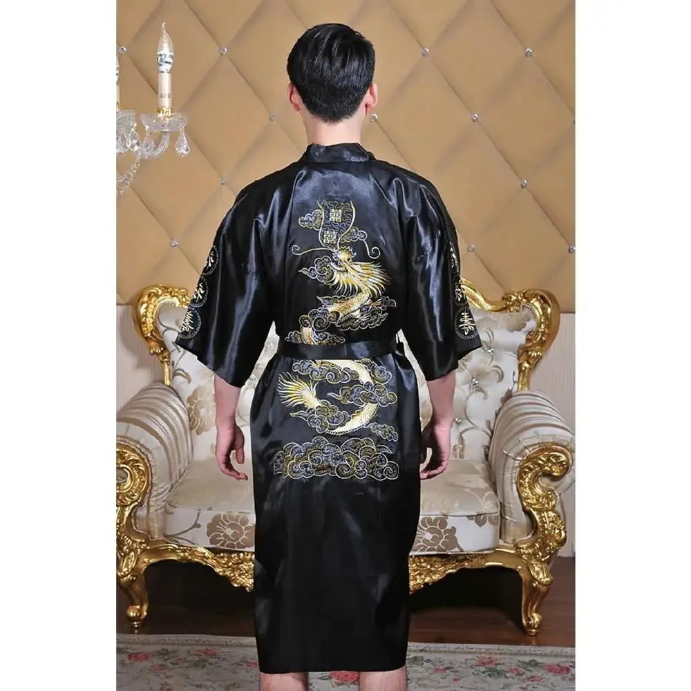 Japanese Style Male Satin Silk Robe Dragon Embroidery Japan Kimono Bath Gown Size M L XL XXL Men Satin Robe Embroidery Bath Gown