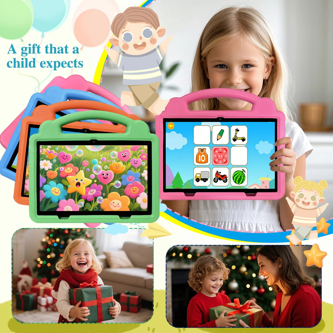 Kids Tablet Cartoon Kids-Proof Case WiFi Google Learning Education Learning Toy Tablet Android 12 Children PC 4000mAh