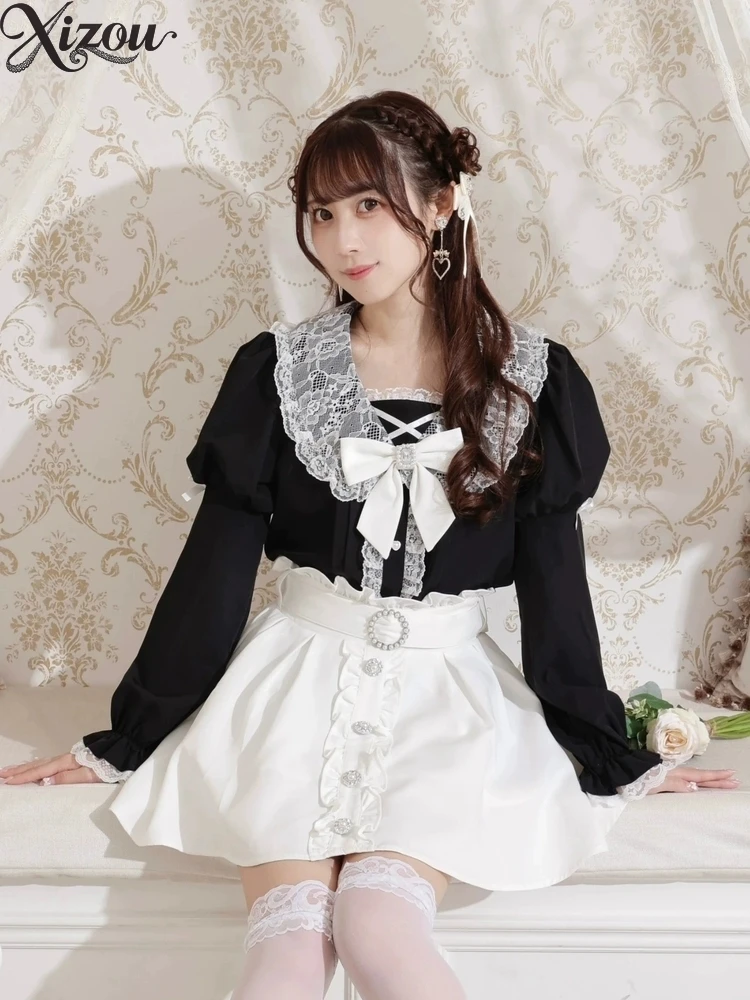 Women's Long Sleeve Top Mine Series Mass Production Elegant Blouses Splicing Bow Casual Lolita Shirt Spring Autumn Women Shirts