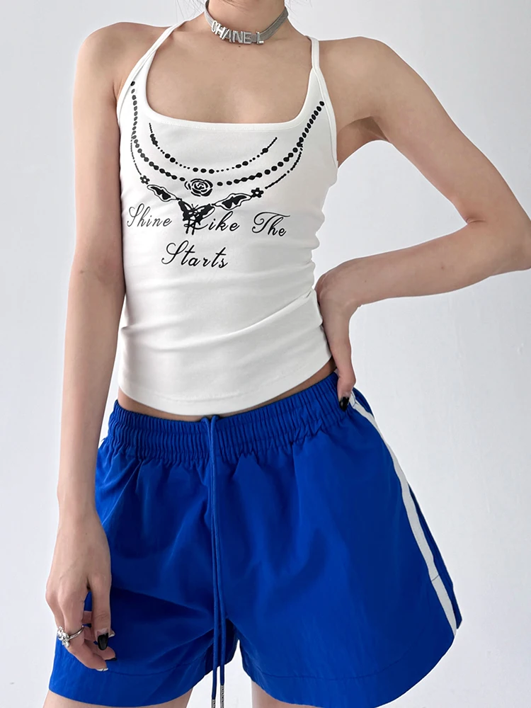 Camiseta sin mangas con estampado de letras blancas American Sle Spicy Girl para mujer, camiseta pequeña única adelgazante, mezcla de algodón y poliéster, longitud ort