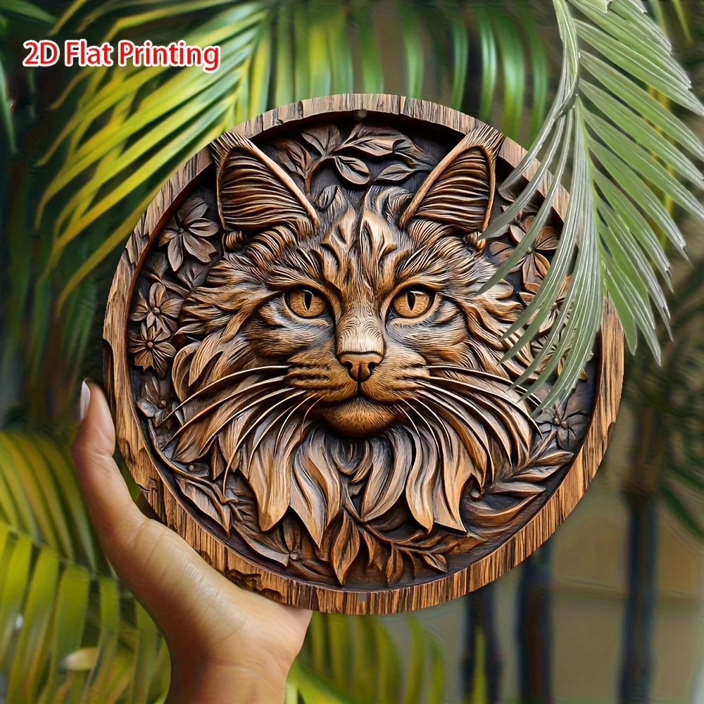 2D Flat, 1pc Vintage Maine Coon Cat Metal Wall Sign - Retro Tabby Cat Decor with Pre-Drilled Holes, 20.32x20.32 cm Suitable for