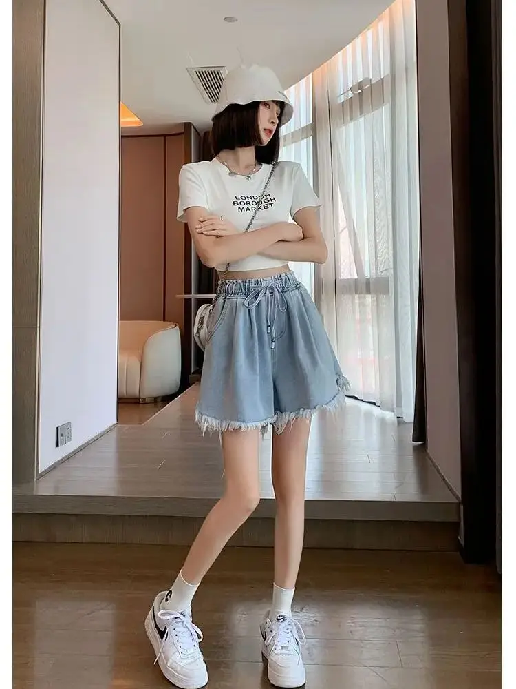 Big Size Denim Shorts Summer Thin Section Leg Wide Loose Tight High Waist Female Students Fattening Women Tassel Wide