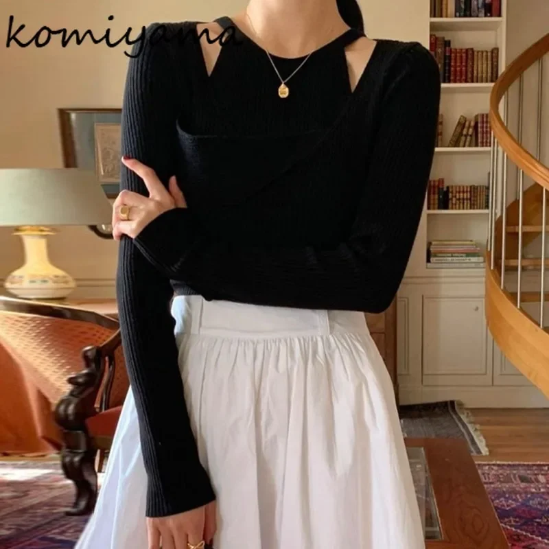 Cross Asymmetrical Sweater Elastic Bottomed Womens Clothing Spring Pullover Tops 2024 Women Knitwears with Sleeveles Camis