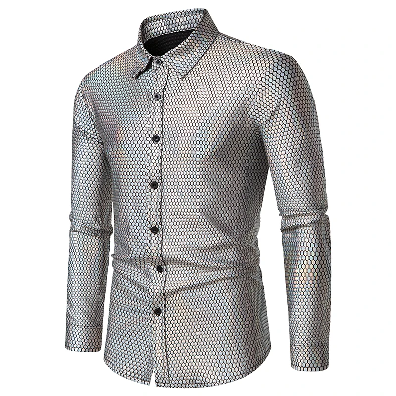 2022 New Men\'s Bronzing Long Sleeve Button Down Lapel Shirt Disco Party Christmas Ball Costume Camisa