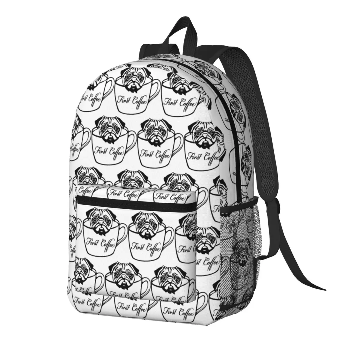 

Pug First Coffee Backpack Daypack Large Capacity Kids BookBag School Bag Shoulder Bags for Men Women