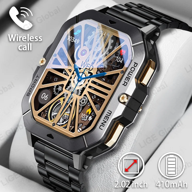 

LIGE новые умные часы для мужчин, аккумулятор 410 мАч, 1 атм, водонепроницаемые, 2,02 дюйма, HD-дисплей, спортивные часы для спорта на открытом воздухе, пульсометр, мужские умные часы, беспроводной звонок