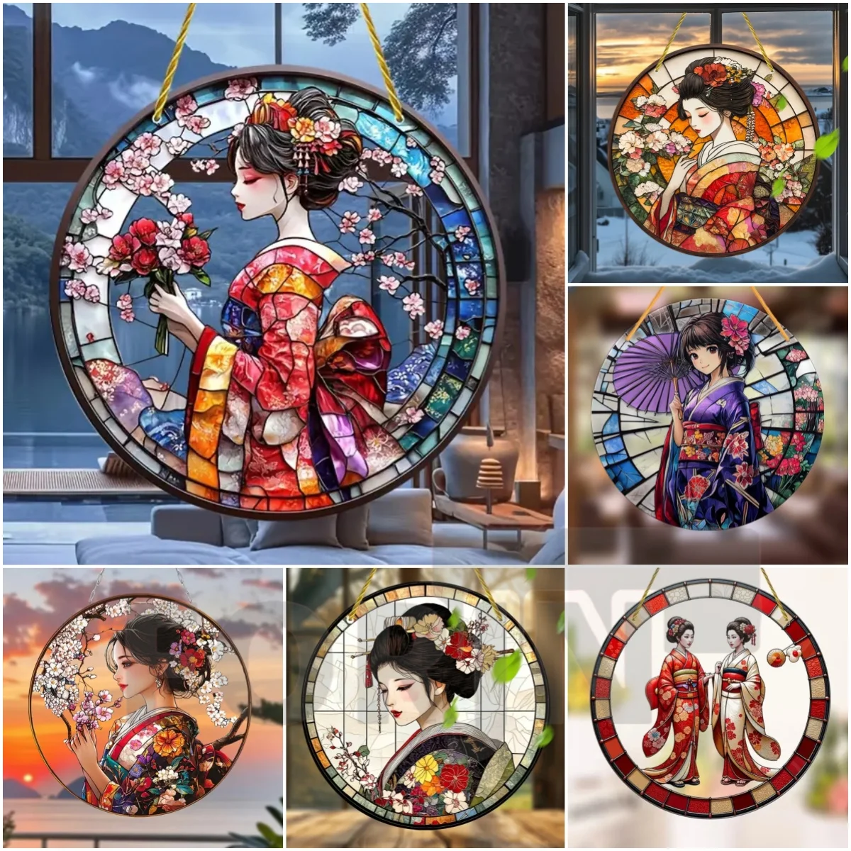 Japanese Geisha Art Acrylic Sun Catcher-Kimono Garden Decor Round Translucent Window hanging Sign,Home, Porch, Lake House Decor