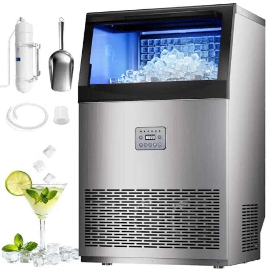 

Commercial ice maker for cafe bar restaurant beverage shops: stainless steel, silver, 200lbs/24H output, 33lbs storage, 96 cube
