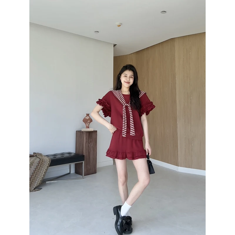 

Lazy Korean Sle Striped oulder awl Ruffle Sve Top orts Summer Casual Faion Women's Cotton round Ne Two-Piece Set