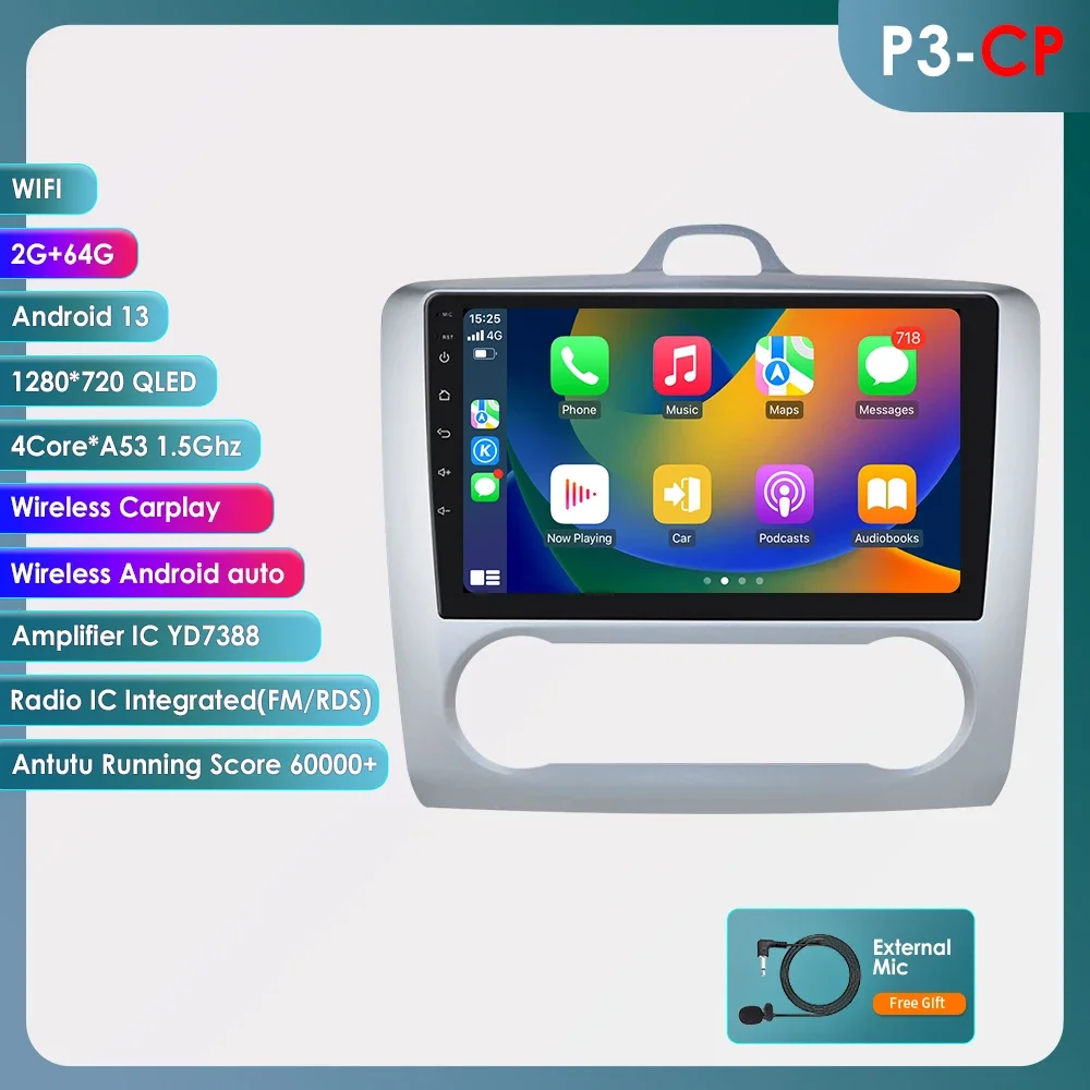 Hizpo 2din 9Inch Android13 Autoradio Voor Ford Focus 2 Mk2 2004 - 2011 Auto Ac Carplay Gps Navi Bt 4G Rds Dsp Swc Ui8581 Headunit
