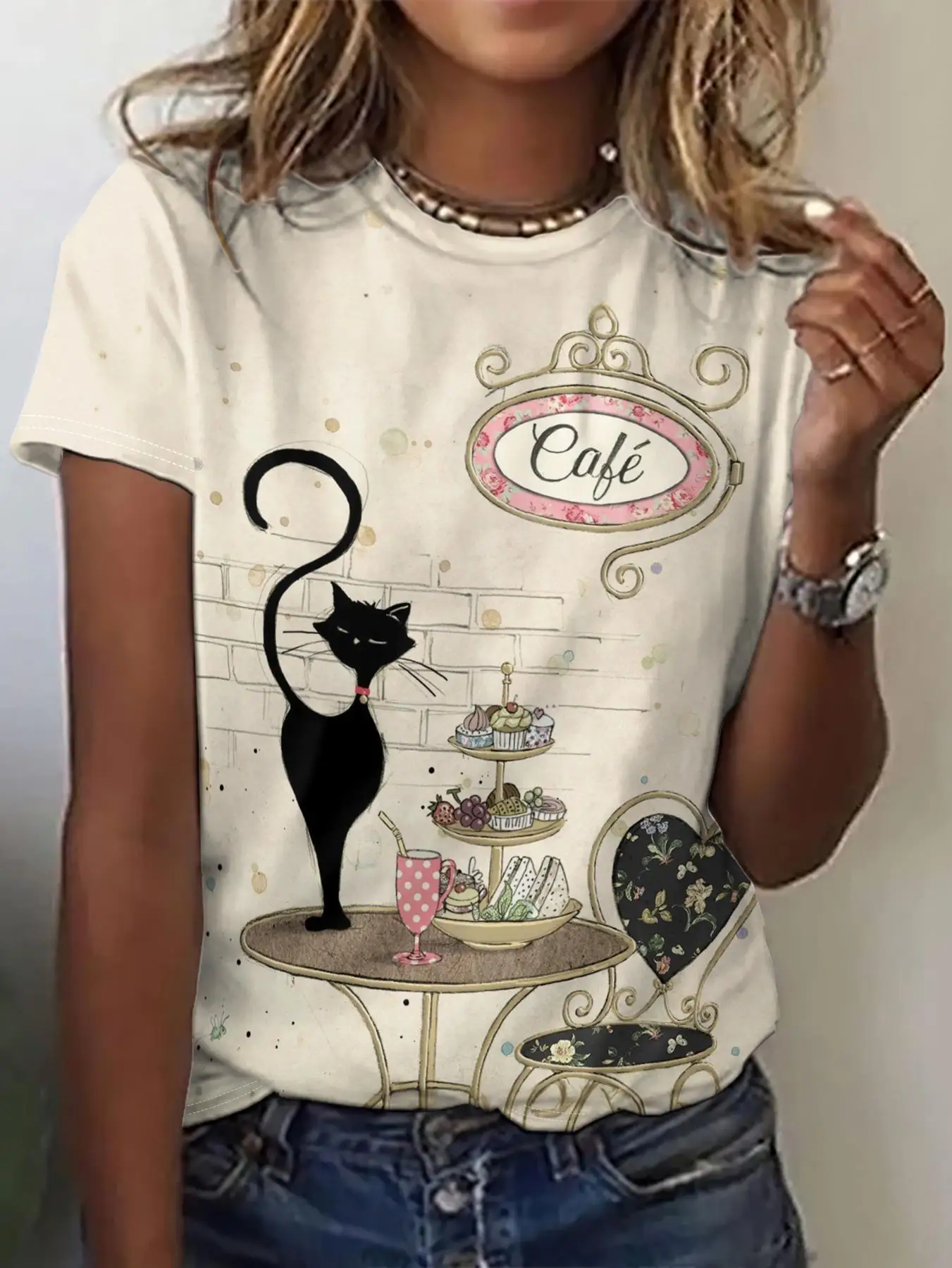 New Women's T-shirt Cartoon Cat print Vintage Plus Size Top Kawaii Women's Trending Clothes Fashion Short Sleeve Shirt Crew Tee