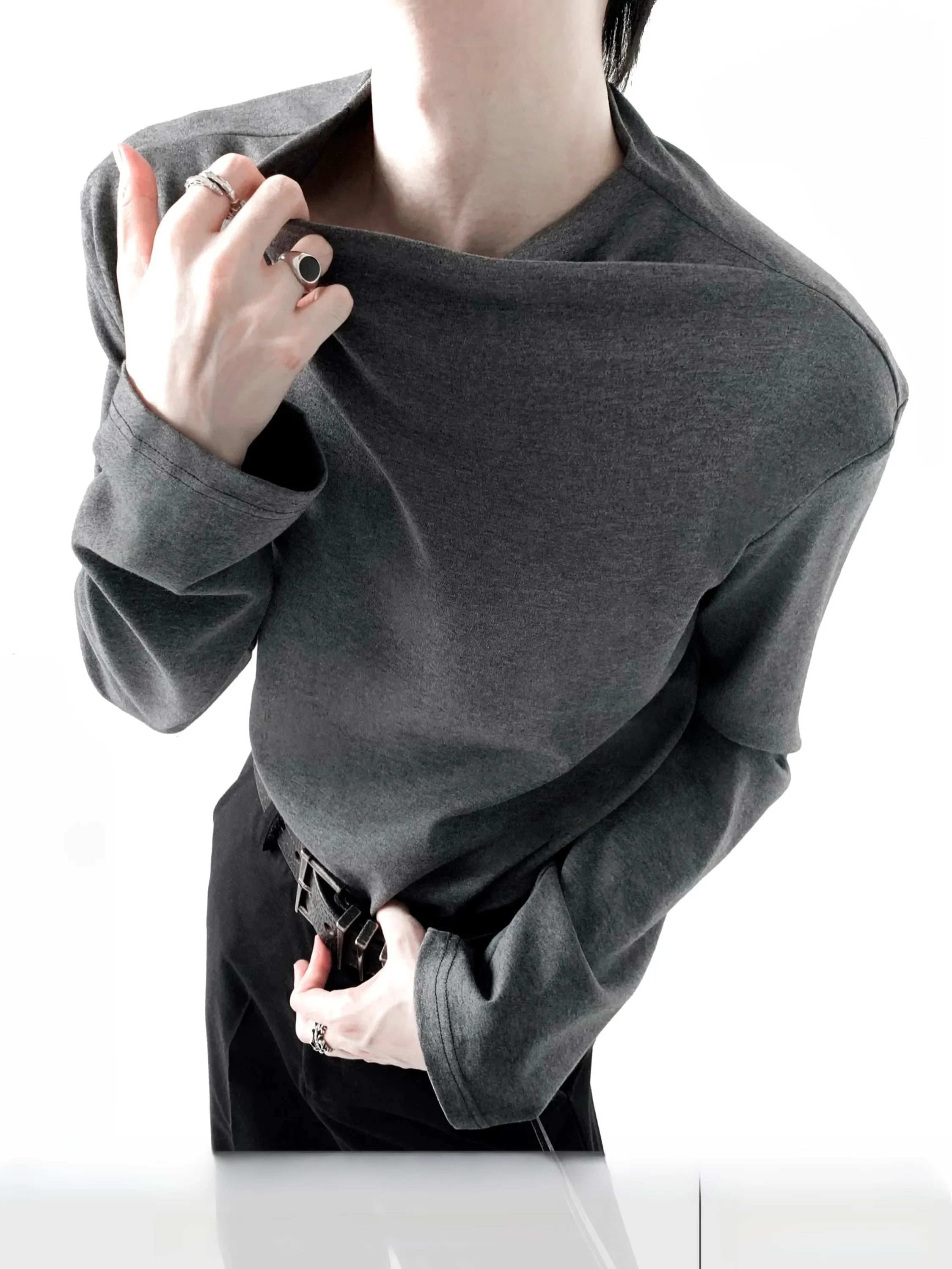 Cleanfit Cross Collar Long Sleeve T-Shirt Men's Grey Base Layer Shirt Autumn Mountain Wind Retro Coin Style Skin-friendly Bre...