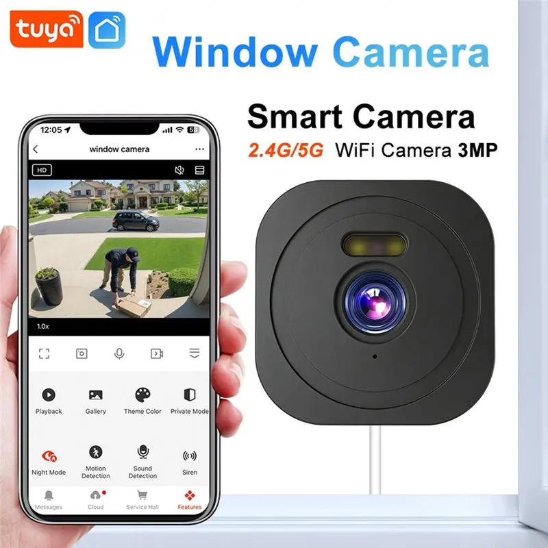 A93PHOT! Tuya Smart For Home Security Window Camera 3MP 2.4G/5G Dual-Band Wifi Full-Color Night Vision Through Glass App Control