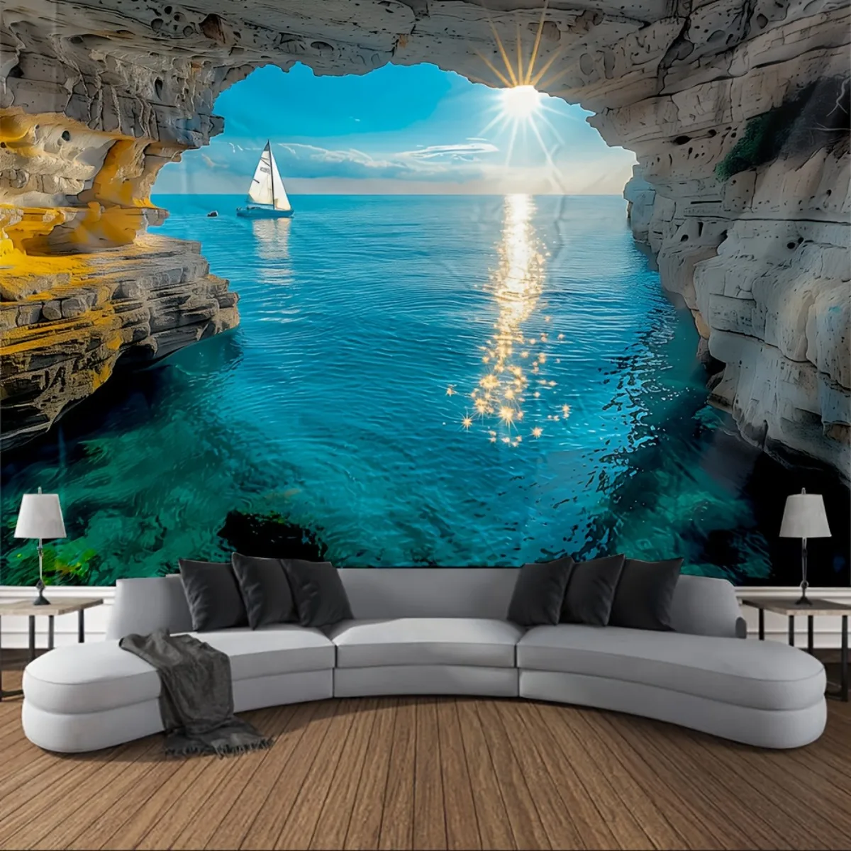 2D Plano, Banner 2D Plano, 1 Pieza Tapiz Bohemio con Vista al Océano - Colgante de Pared de Mar Iluminado por el Sol y Velero, T