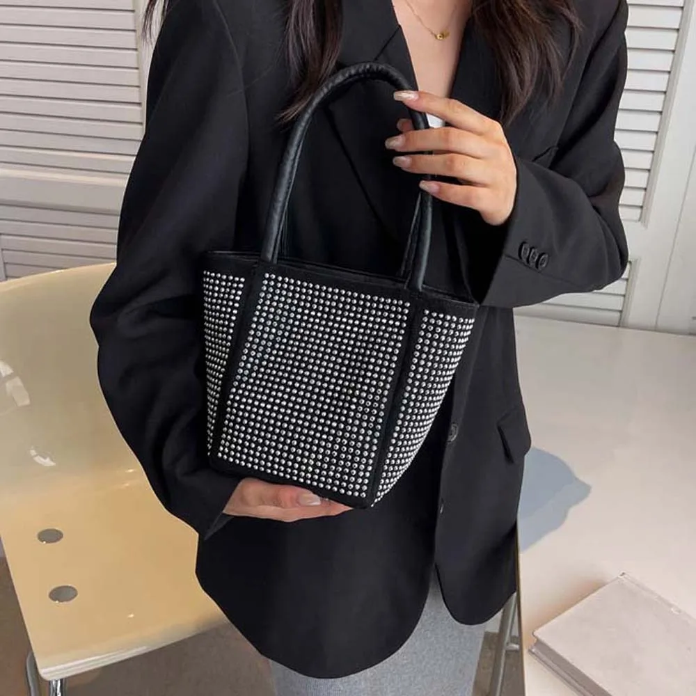 

Trendy Elegant Bright Rhinestone Shoulder Bag PU Large Capacity Sparkling Square Bag Storage Pouch Black Bucket Handbag Party