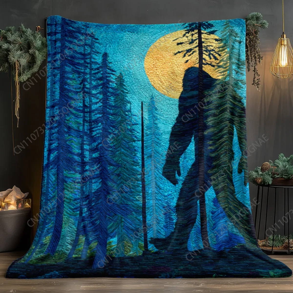 Custom 1pc Bigfoot In Forest Nighttime Throw Blanket - Plush Flannel Bedspread With Sasquatch & Pine Tree Print, Deep Blue/Green