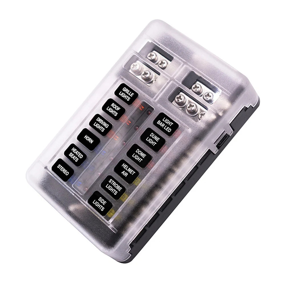 

12-Way Fuse Negative Side LED Indicator Waterproof Cover Car Boat Marine Suv Fuse Holder Storage Board