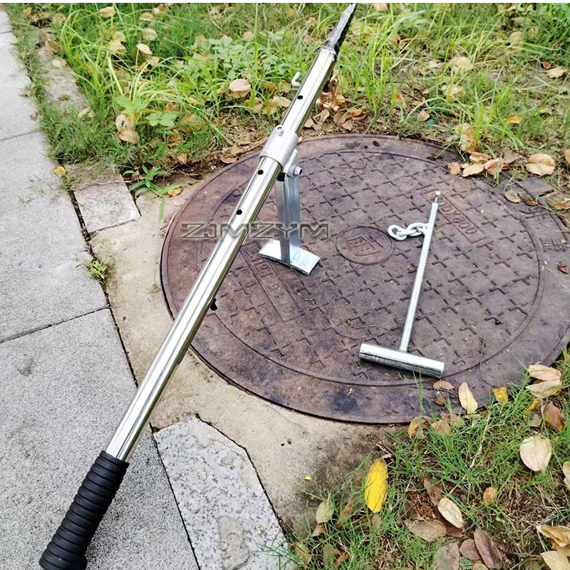 Stainless Steel Manhole Cover Lifting Pry Hook Labor-Saving Manhole Lid Puller Tool with Support Bracket Non-Slip Handle
