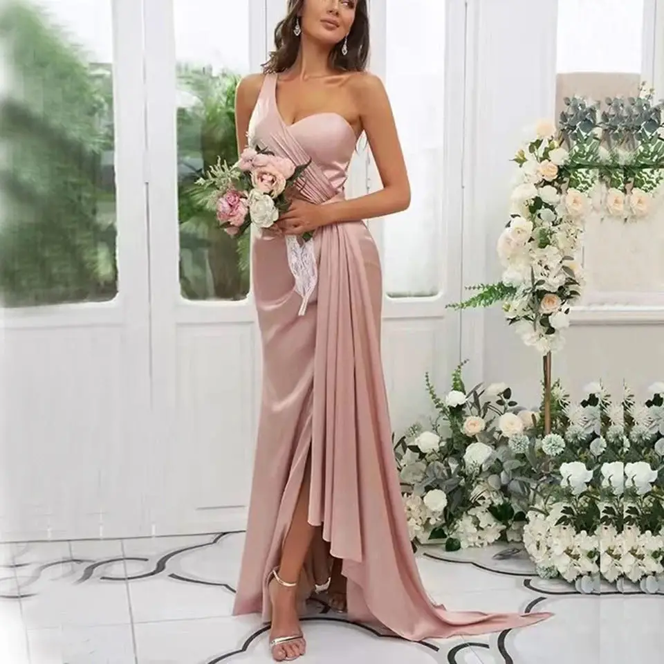 Customized One Shoulder Bridesmaid Dresses Long Mermaid Evening Dresses Satin Slit Wedding Guest Dresses for Women