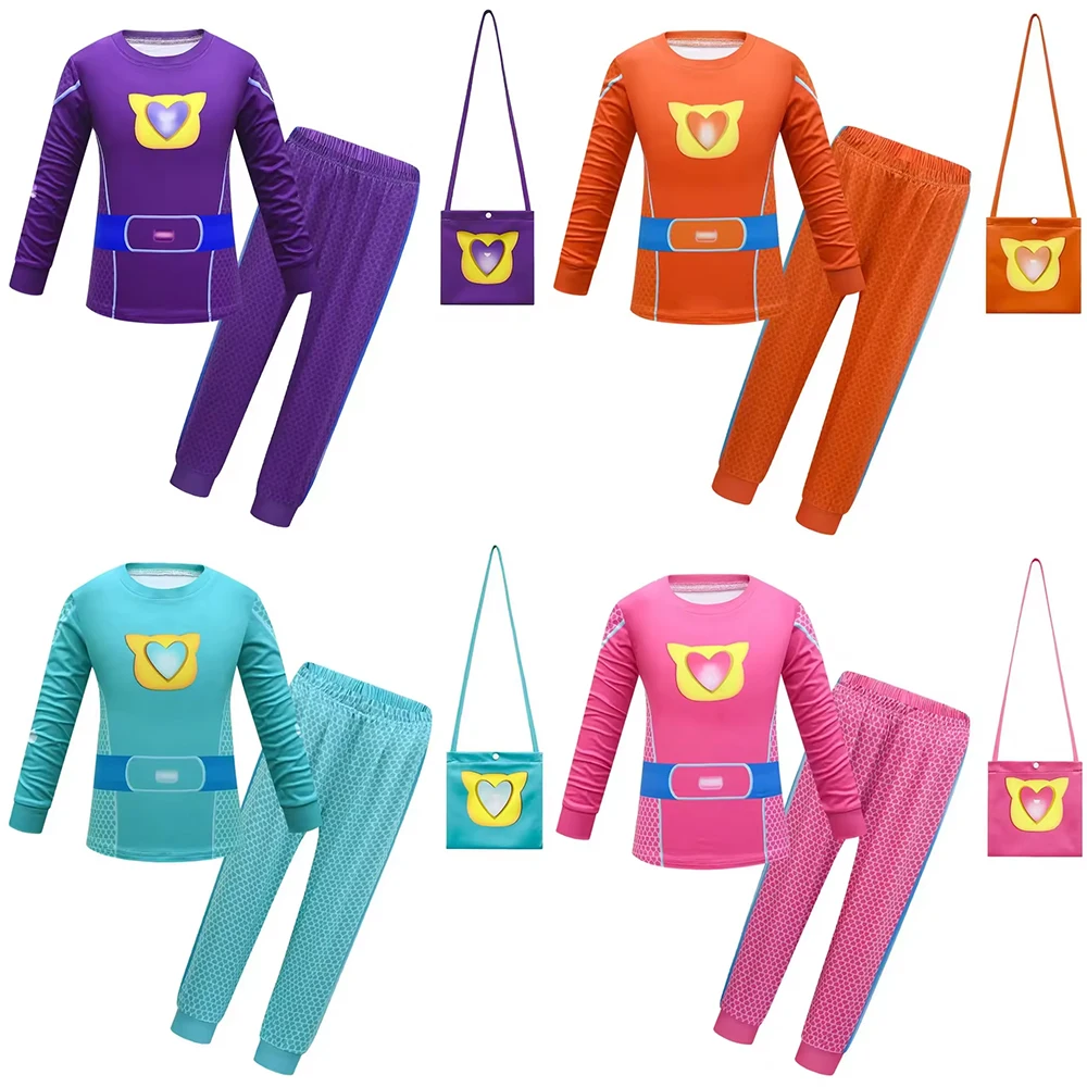 Kinder-Cartoon-Kätzchen-Cosplay-Super-Kostüm, 2-teiliges Set mit T-Shirt und Hose für Jungen und Mädchen, Halloween-Party