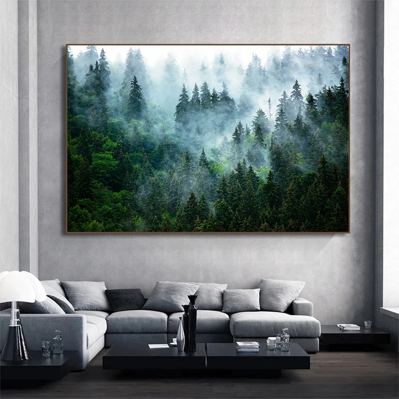 Modern Green Forest Foggy Fantasy Trees Mountain Landscape Art Poster Canvas Painting Wall Prints Picture for Room Home Decor