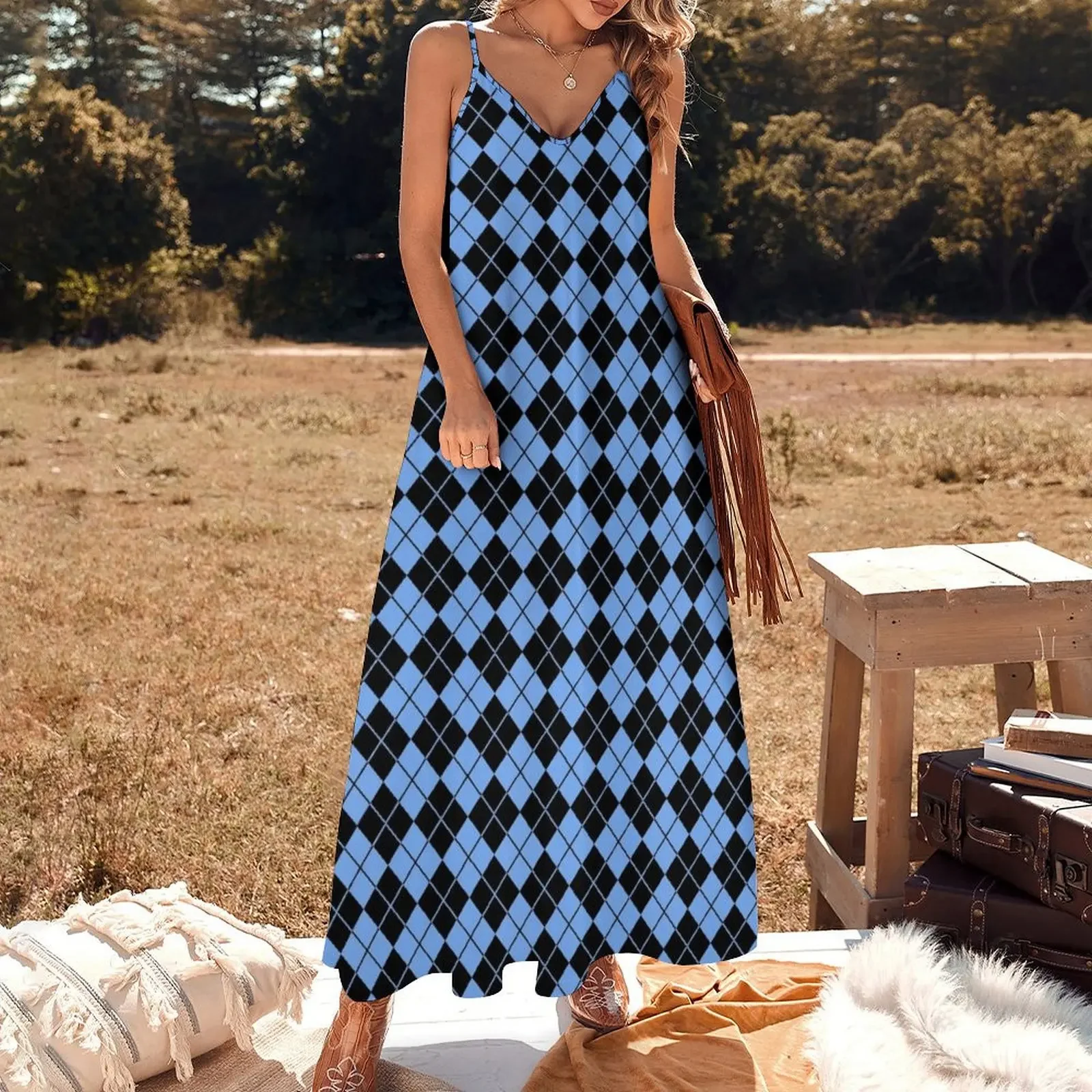 Carolina Blue/Black Argyle Sleeveless Dress elegant party dresses for women 2025 dress women summer 2025