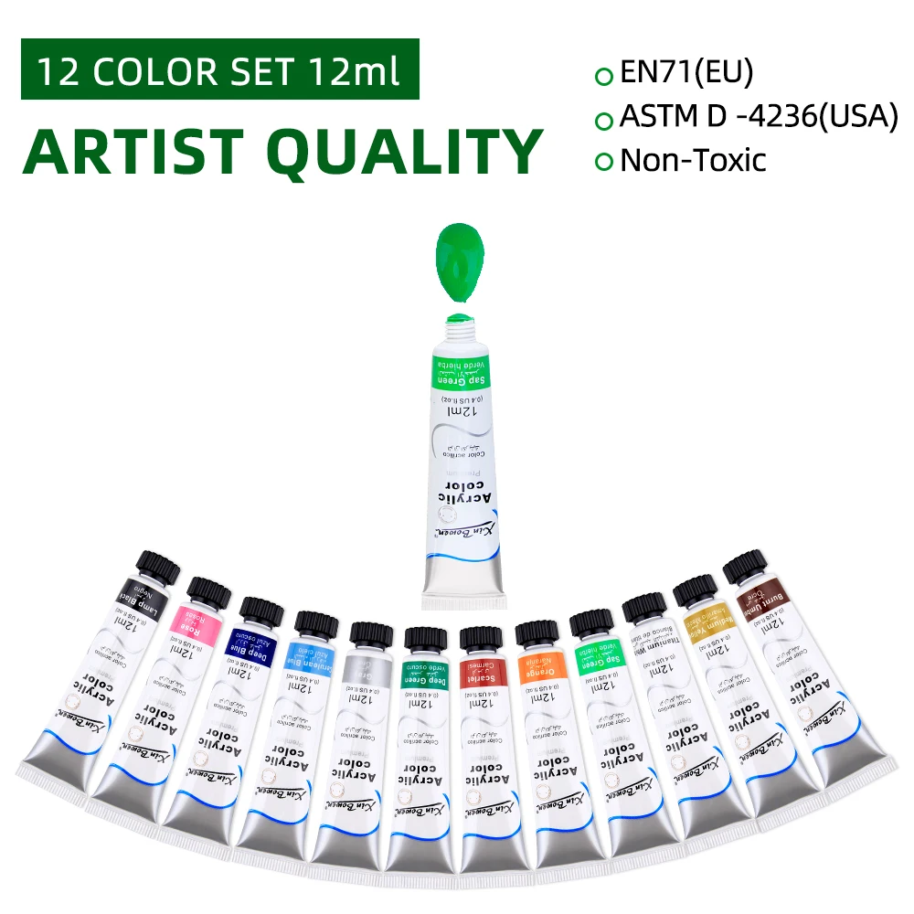 12Color Acrylic Paint Set 12ml Tubes Waterproof Art Supplies for Beginner Artists DIY Painting on Canvas Wall Art Craft Projects