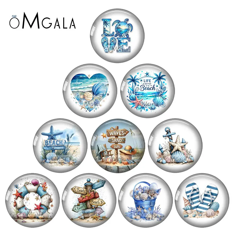 Blue Summer Beach Art Paintings 10pcs 12mm/18mm/20mm/25mm Round photo glass cabochon demo flat back Makings