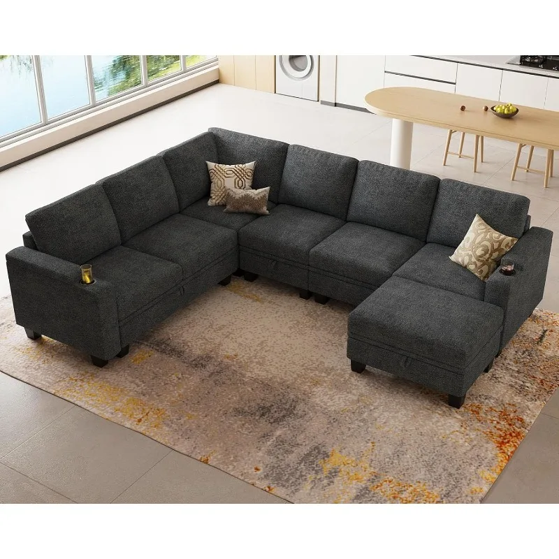 

Chenille Modular Sectional Sofa Convertible L Shaped Corner Couches for Living Room with Storage Armrest with Cup Holder
