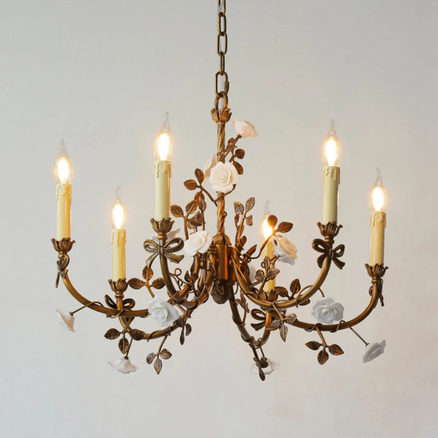 French Pendant Lamp Classical Rose All Copper Candle Romantic Retro  Bow Antique Copper Antique Utensil Lamp In The Living Room