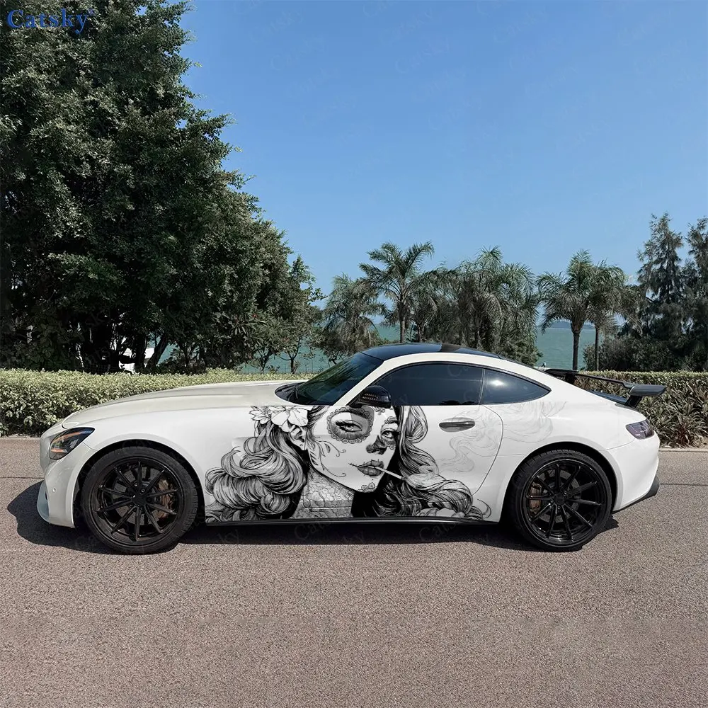 2pcs Floral Makeup Long Hair Woman Car Side Wraps, Self-Adhesive PVC Waterproof & Scratch-Resistant Stickers, Car Accessory Gift