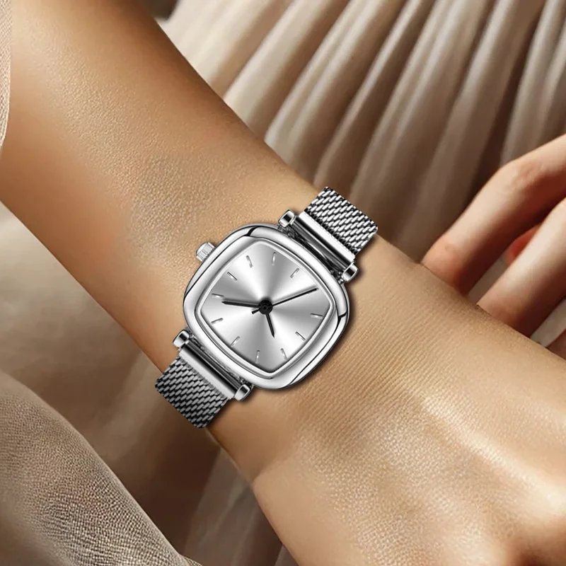 1 pieza de reloj de cuarzo con puntero de uñas cuadrado ligero de estilo simple con correa de malla blanca plateada para mujer