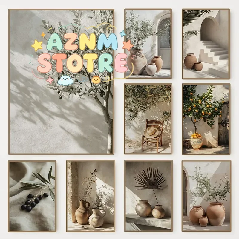 Minimalist Nature Botanical Olive Tree Pottery Poster Mediterranean Still Life Canvas Painting Wall Art Rustic Room Home Deco