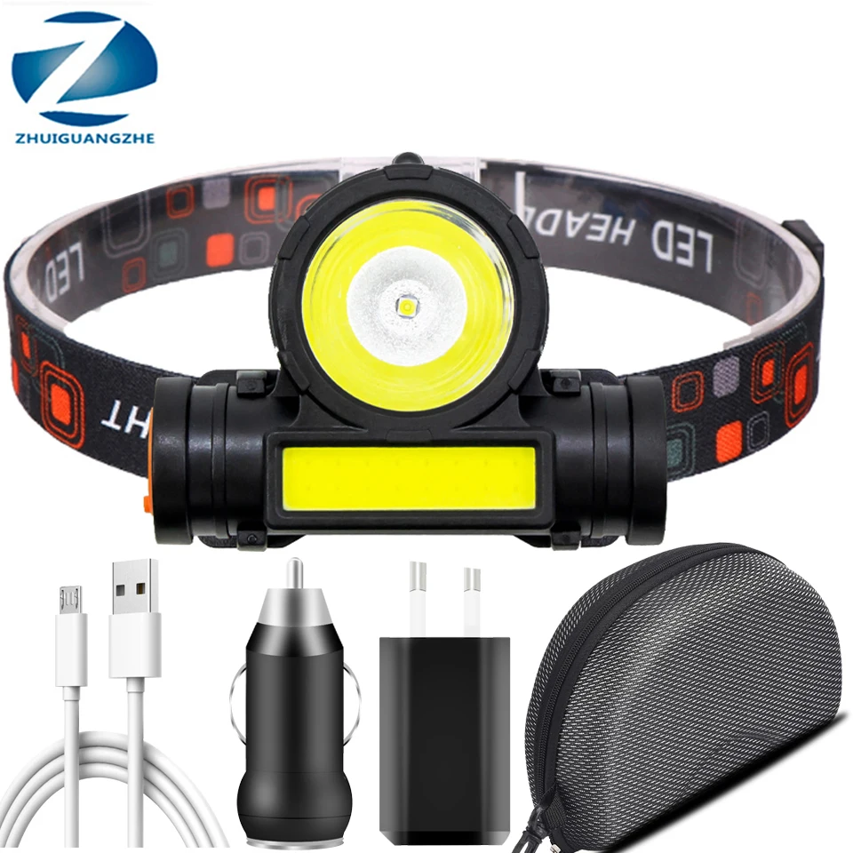 XP-G Q5 Headlamp Headlight Waterproof 2500lm Cob Led Built in Usb Rechargeable 18650 Battery Working Light 10w Head Lamp