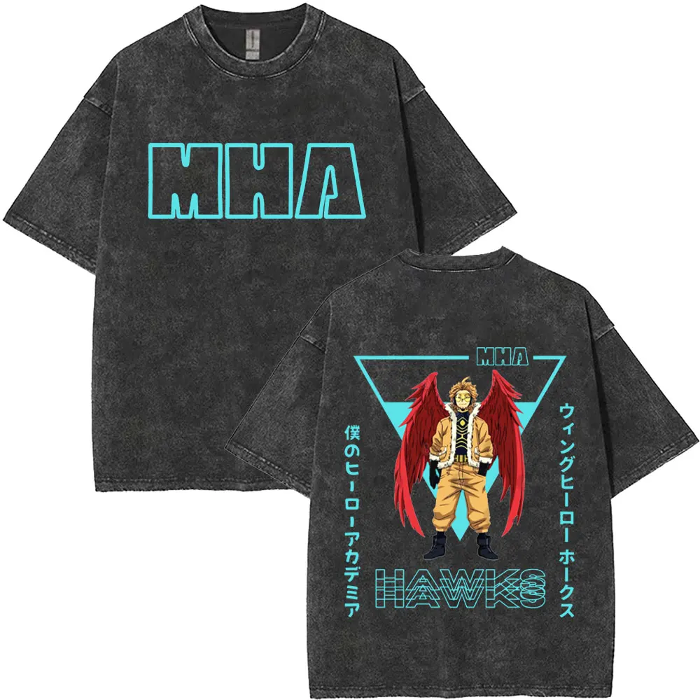 Washed Vintage Anime My Hero Academia Hawks Graphic T Shirt Men Women Fashion Retro Cotton Tshirt Cartoon Manga Cosplay T-shirts