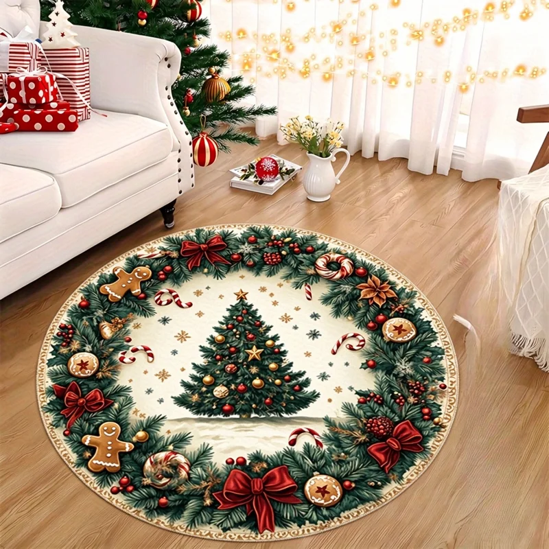 Christmas Tree with a Bow And Decorative  Round Mat - High-Quality Flannel, Machine  IndoorOutdoor Mat, Suitable for Entryways, Living Rooms, Bedrooms, Patios, Gardens - Mother's Day Gift, Wedding Gift, Easter Gift