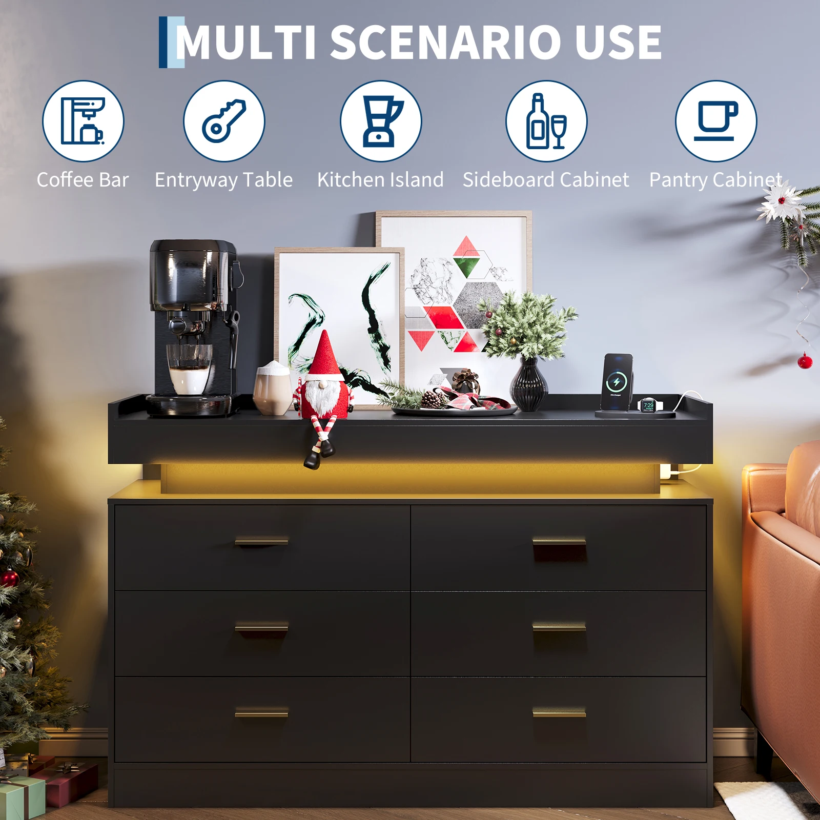 Coffee Bar Cabinet with Led Lights& Charging Station,Buffet Sideboard Cabinet with Floating Countertop,Modern Dressers with 6 Drawers for Bedroom,Wooden Wine Cabinets for Living Room, Dining Room