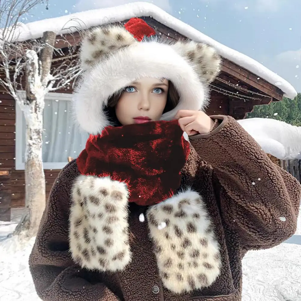 Elastic Winter Hat 3 1 Winter Scarf Hat Set Knitted Windproof Thermal Gloves Elastic Tiger Pattern Outdoor Riding for Autumn
