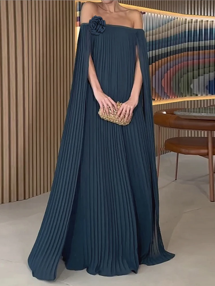 Roupas femininas moda solta gaze plissado cor sólida em camadas fora do ombro elegante vestidos de noite vestidos maxi femininos