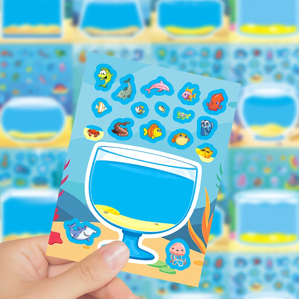 Autocollants de Puzzle de dessin animé pour aquarium, 8/16 feuilles, drôles et créatifs, faites votre propre à assembler, autocollants éducatifs pour enfants, cadeau de fête