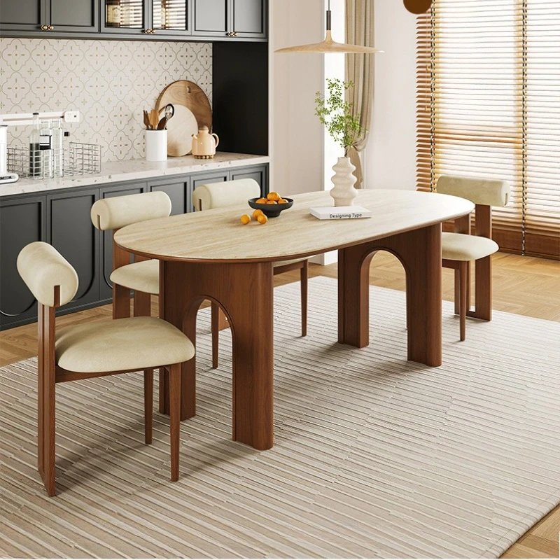 Mesa de comedor retro estilo francés color crema, mesa de comedor ovalada de madera, mesa de comedor minimalista de lujo, mesa de jantar, 6 sillas, muebles de cocina.