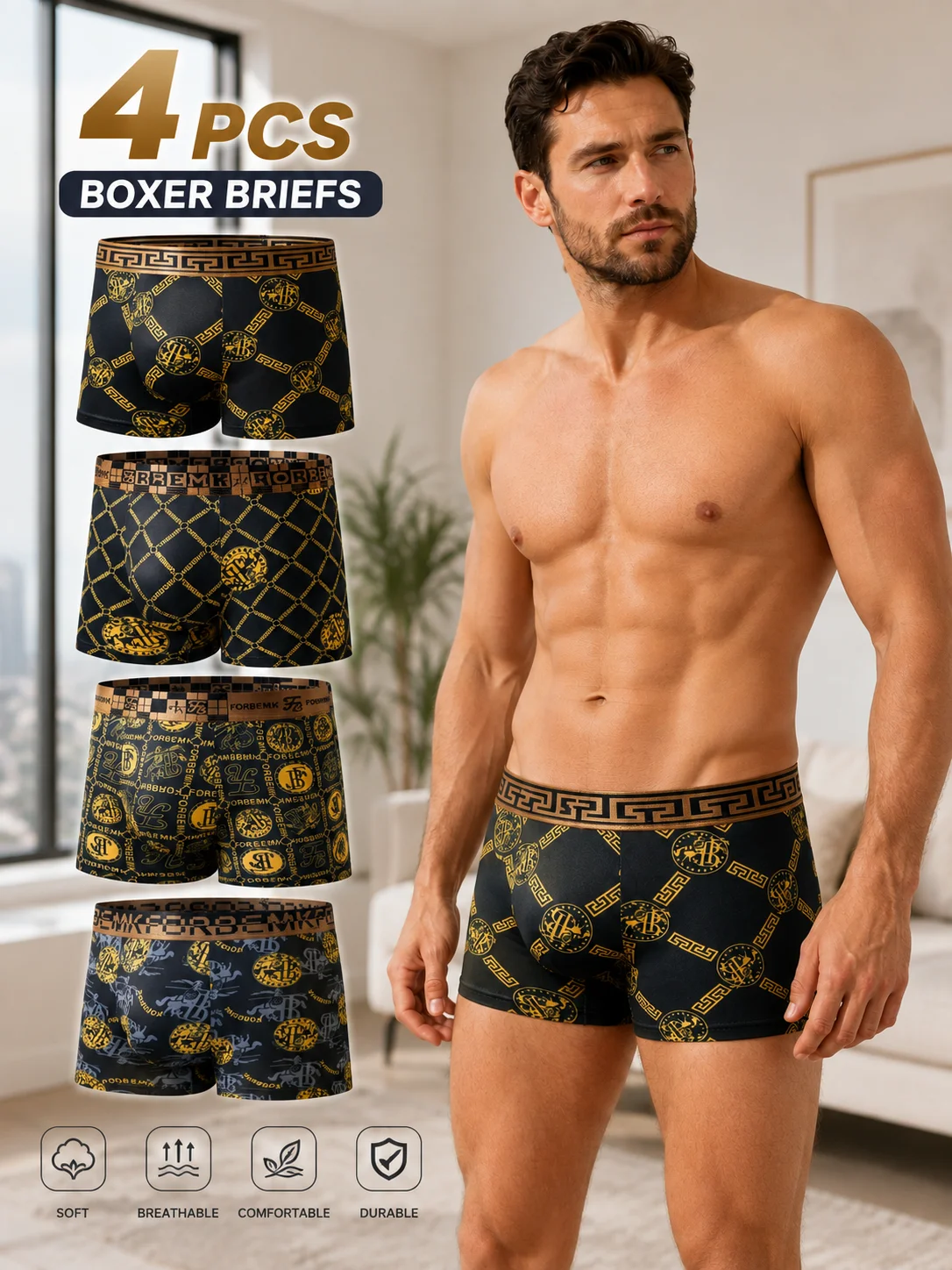 4Pcs Men's Luxury Boxer Briefs S-XXL Soft Breathable Underwear with Gold Pattern Anatomic Support