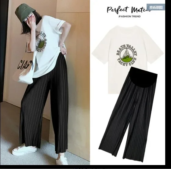 Short Sleeve T-Shirt+Wide Leg Trousers Twinset for Maternity Summer Loose Casual Pregnant Woman Clothes Set Fashion Printed Suit