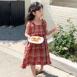 Girls' Bow Lace-Up Plaid Dress Baby Cake Dress Summer Crew Neck Sleeveless Knee Length Dress Children'S Slip Dress