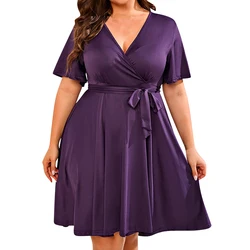 Plus Size Mode kleid 2024 Frauen solide V-Ausschnitt Kurzarm Schnürung Mini kleider Damen Abend Party kleider Sommerkleid Kleidung