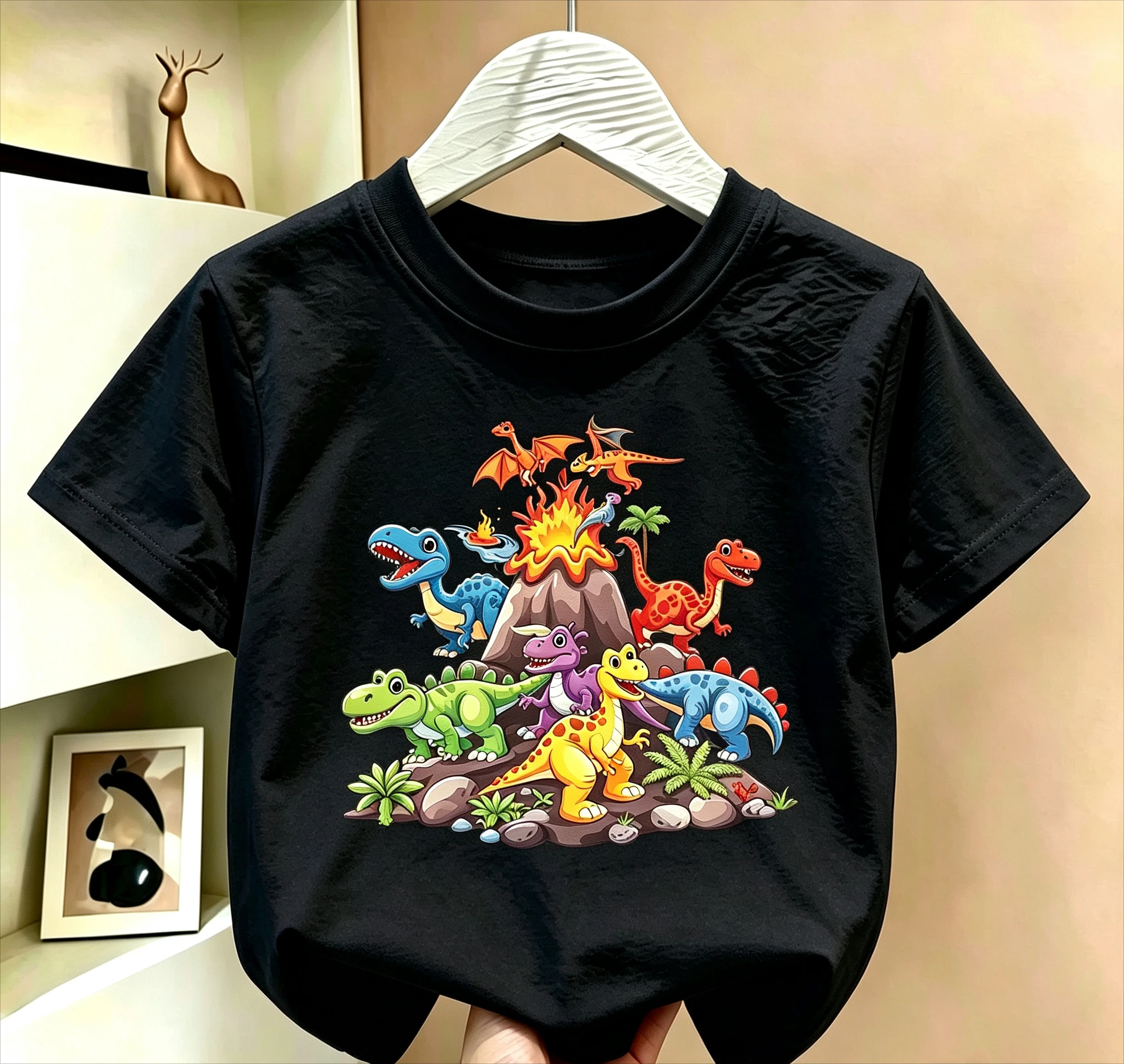 Cartoon Dinosaur Volcano Kids T Shirt Summer Short Sleeve Boys Girls Casual Tee Children Clothing Multiple Colors