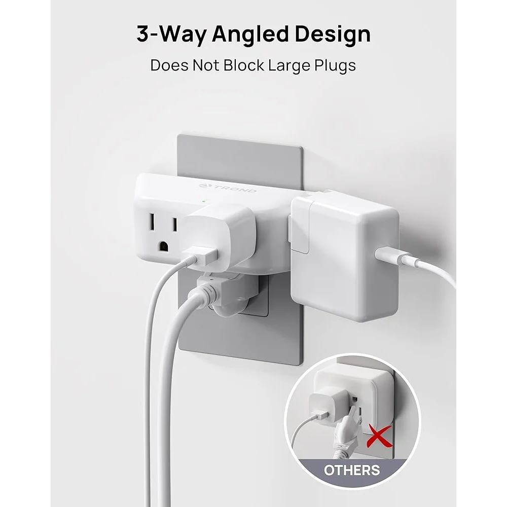 Outlet Extender Surge Protector with 4 Grounded Sockets 3 Way Angled Plug Adapter Compact Electrical Wall Power Splitter 900J