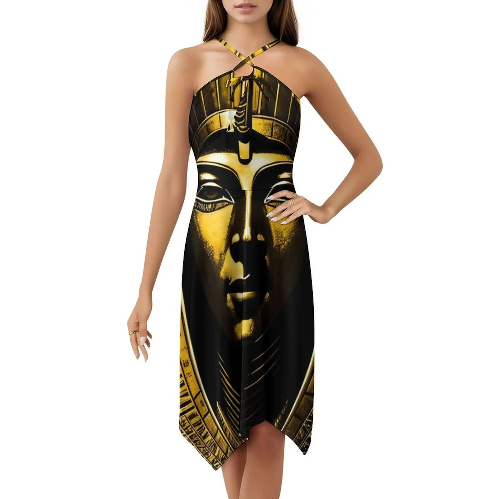 مصر خمر الفن # 4 فستان بوهيمي بدون أكمام متعدد الطباعات لحفلات العطلات على الشاطئ مصر عتيقة فن عتيق فن حديث #5