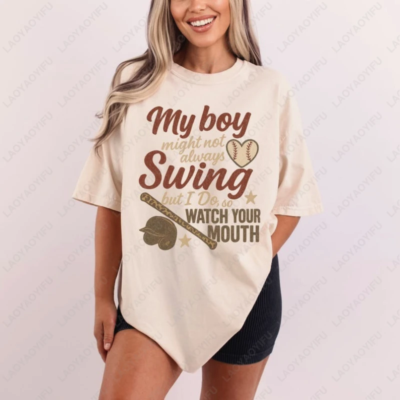 My Boy Might Not Always Swing Funny Baseball Clothing Mom Game Day Retro Coquette Bow Design Mama Tshirt Men Women Cotton Tops